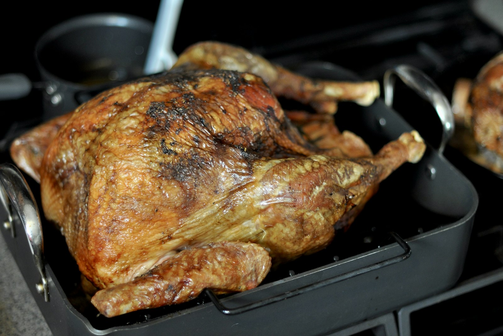 Golden roast turkey on a serving platter
