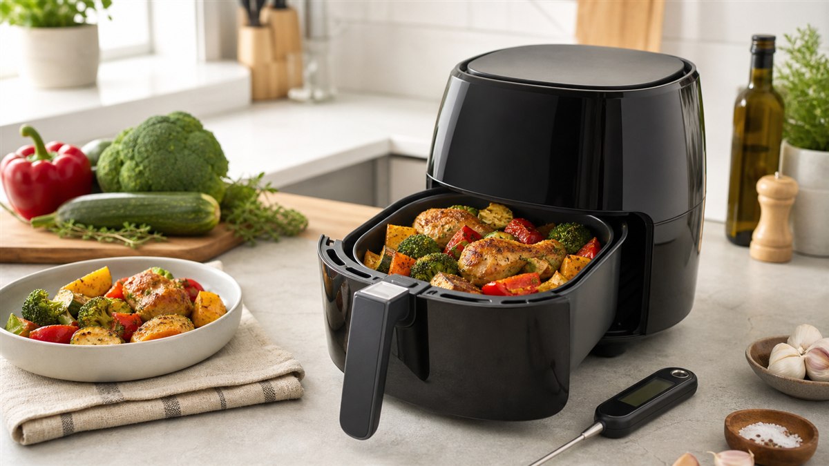 Air fryer basket with roasted chicken and vegetables beside a food thermometer
