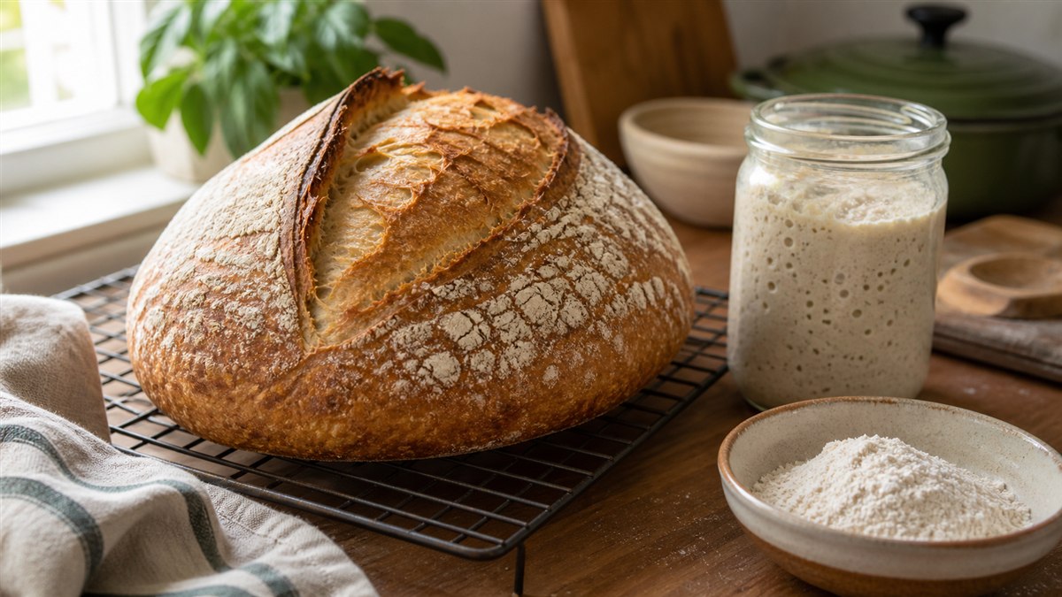 Fresh sourdough loaf cooling beside a jar of active sourdough starter