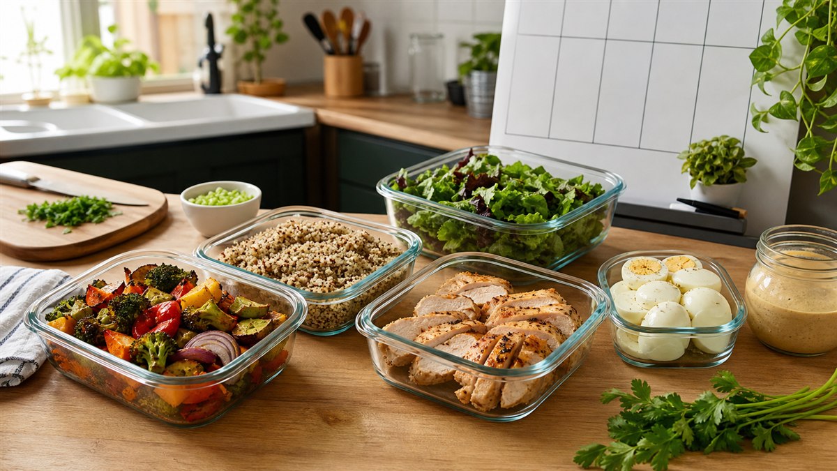 Separate containers of roasted vegetables, grain, chicken, greens, eggs, and sauce for meal prep