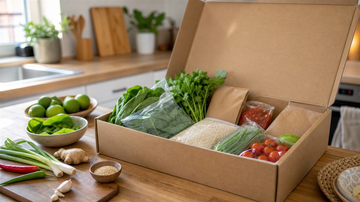Open meal kit box with fresh vegetables, grains, herbs, and cooking ingredients