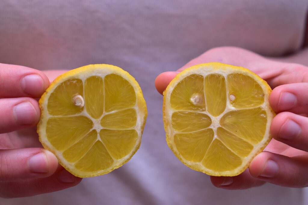 Halved lemons resting in a small bowl next to a glass of water on a counter