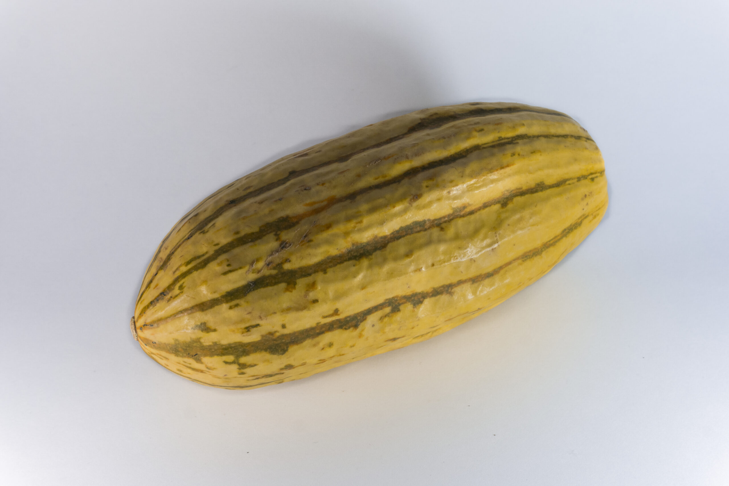 Striped cream and green delicata squash piled in a crate at an autumn market stall
