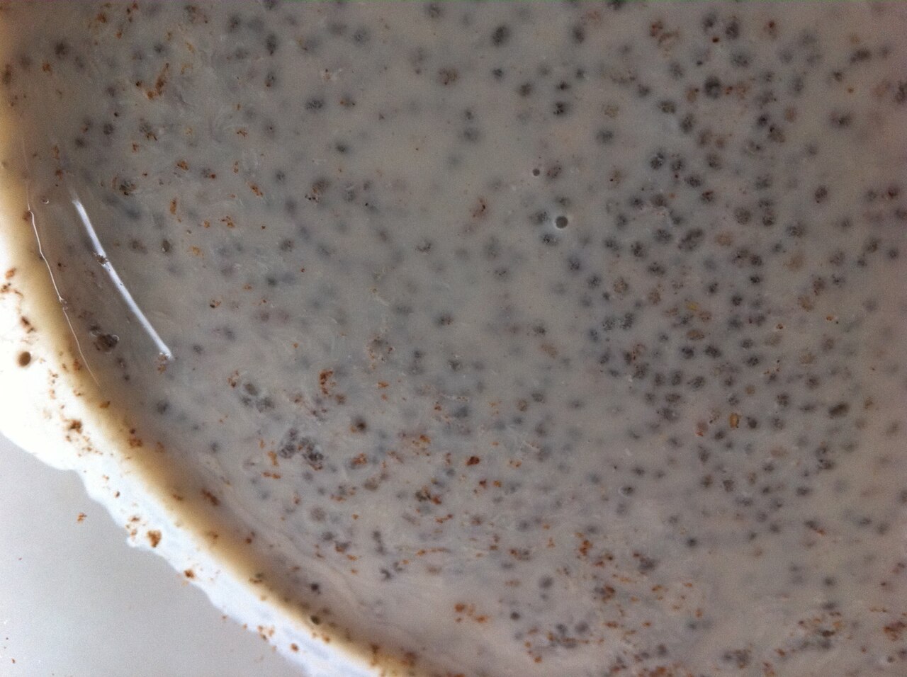 A glass jar of thick chia seed pudding topped with fresh berries on a kitchen counter