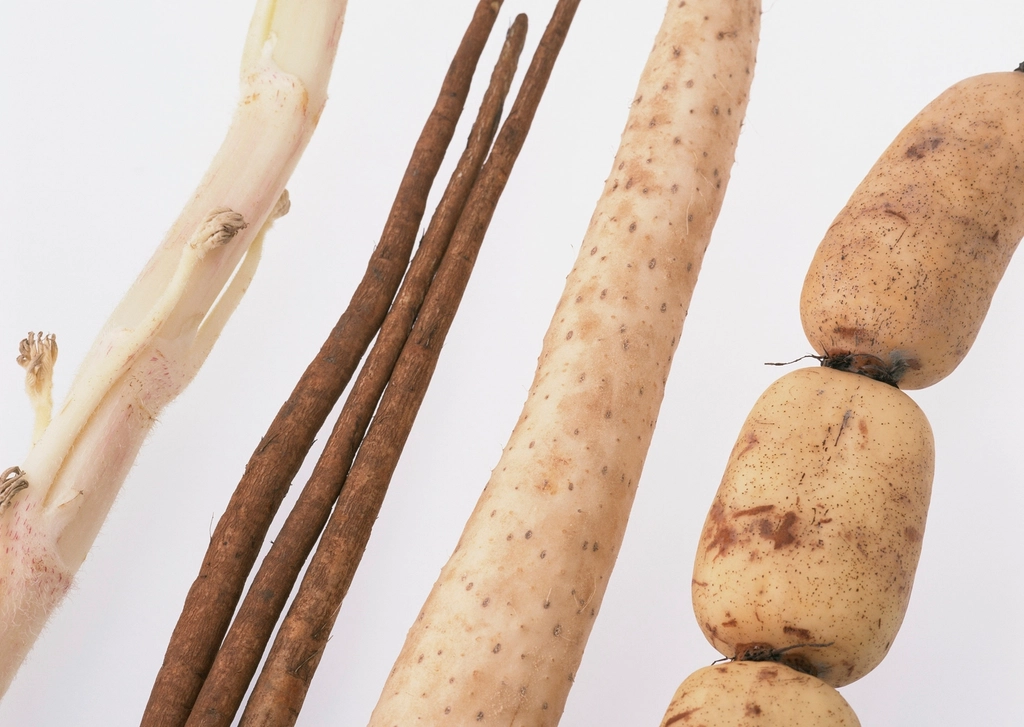A rough barked yam tuber cut into sections on a market stall beside other roots